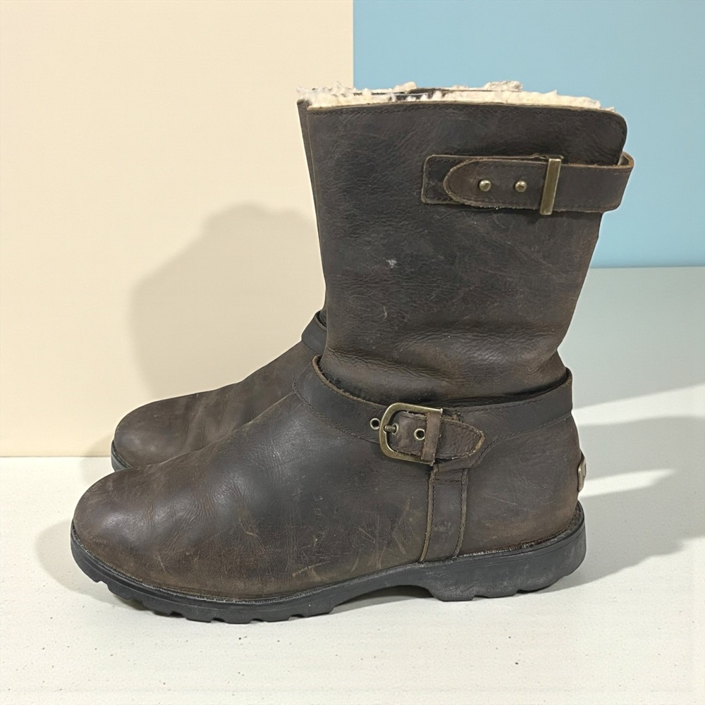 UGG Grandle Dark Brown‎ Leather Shearling Lined Buckle Moto Boots Size 9